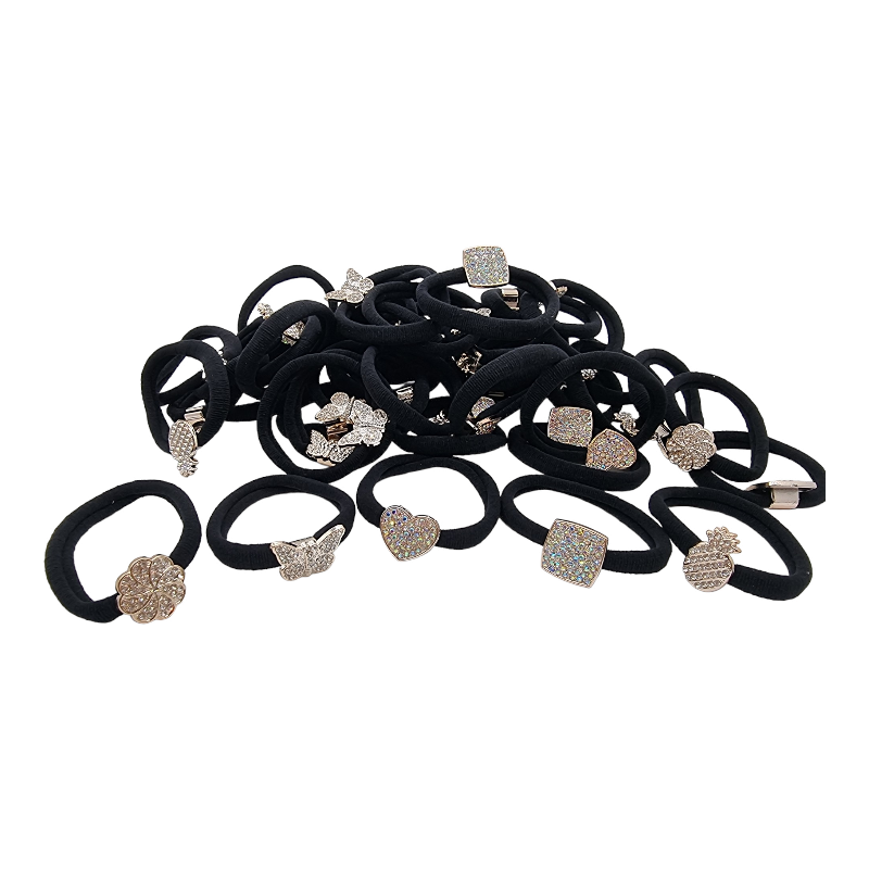 Elastice Negre ptr. Păr cu Accesorii -Diferite Modele cu Strasuri-50 bucati