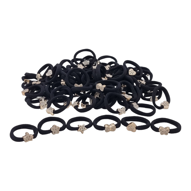 Elastice Negre ptr. Păr cu Accesorii-Diferite Modele cu Strasuri-100 bucati