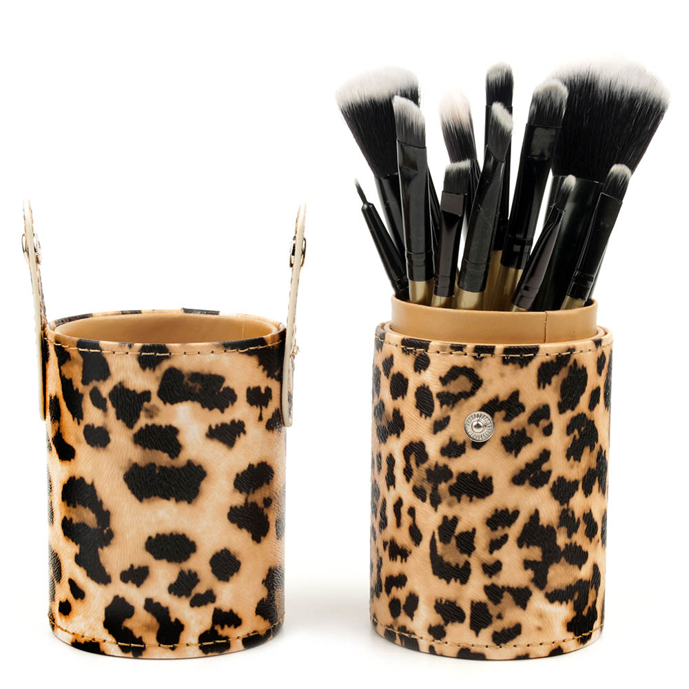 Set de 12 Pensule Profesionale pentru Machiaj cu Suport, Leopard